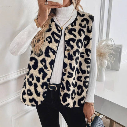 Leopard Sherpa Vest Button Front Fuzzy Layering