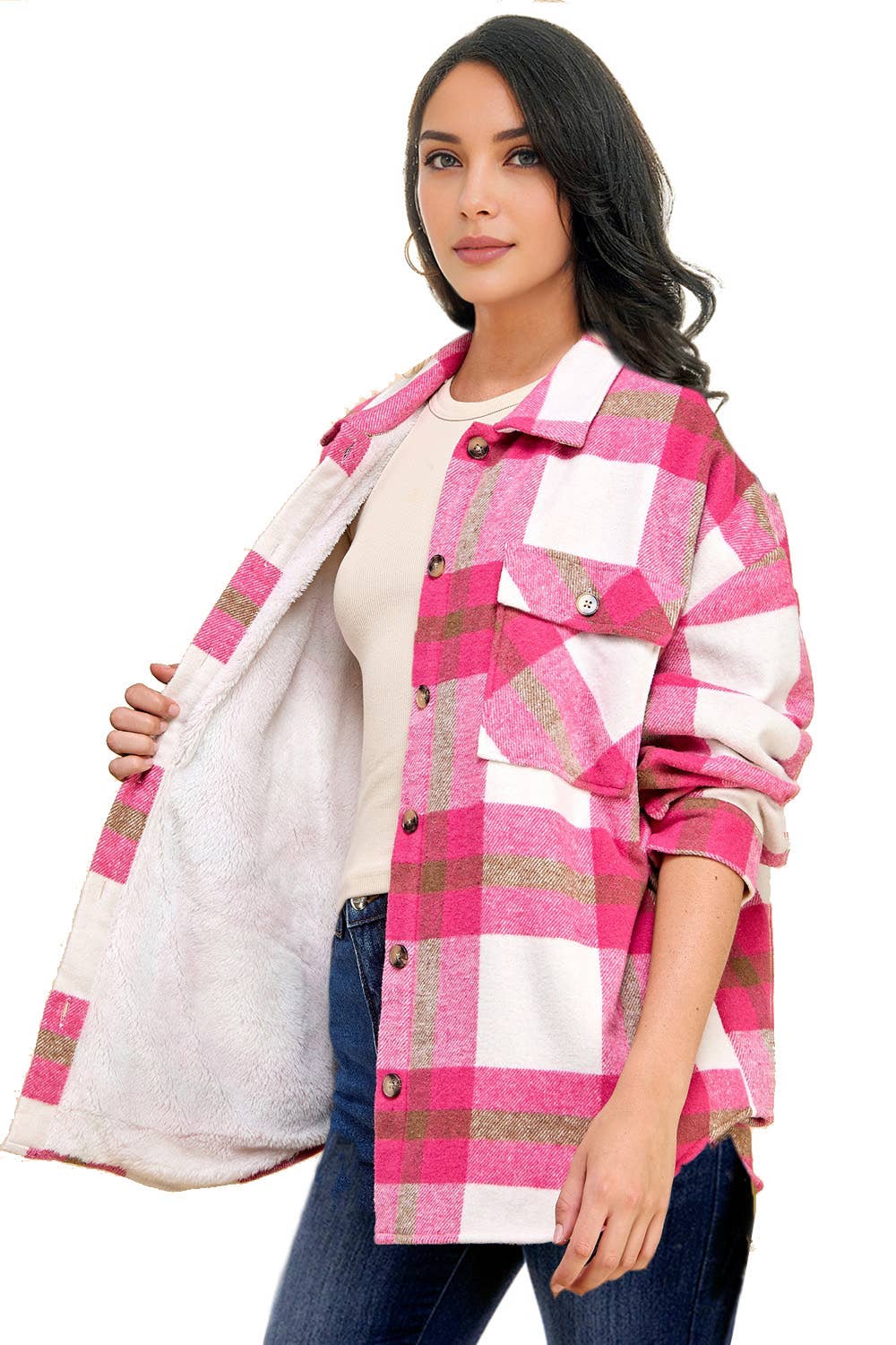Pink white plaid flannel shacket  w/fur lined warm jacket
