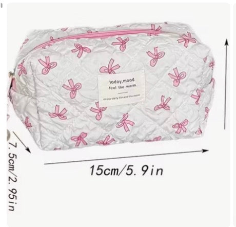 Pink n white quilted bow makeup bag