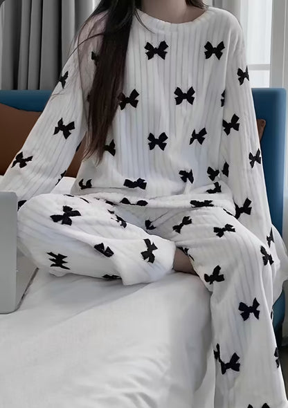 Black bow white fuzzy PJ set!