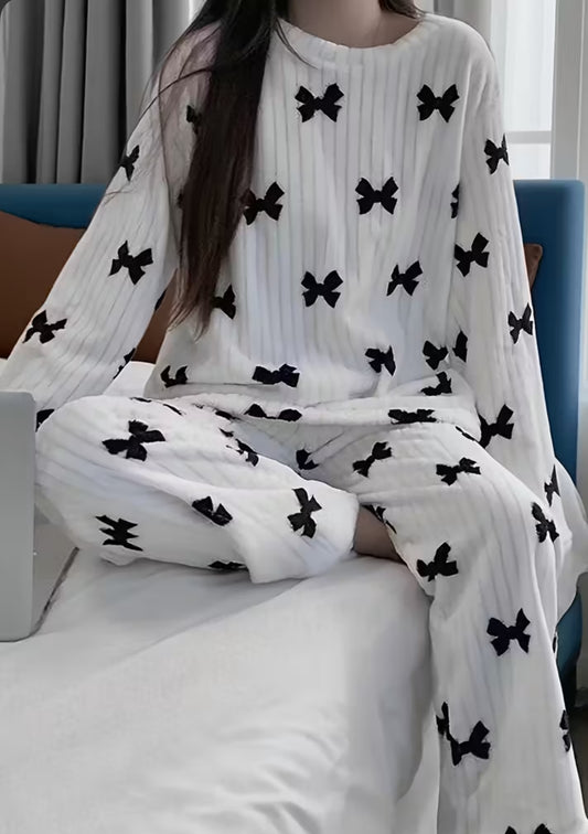 Black bow white fuzzy PJ set!