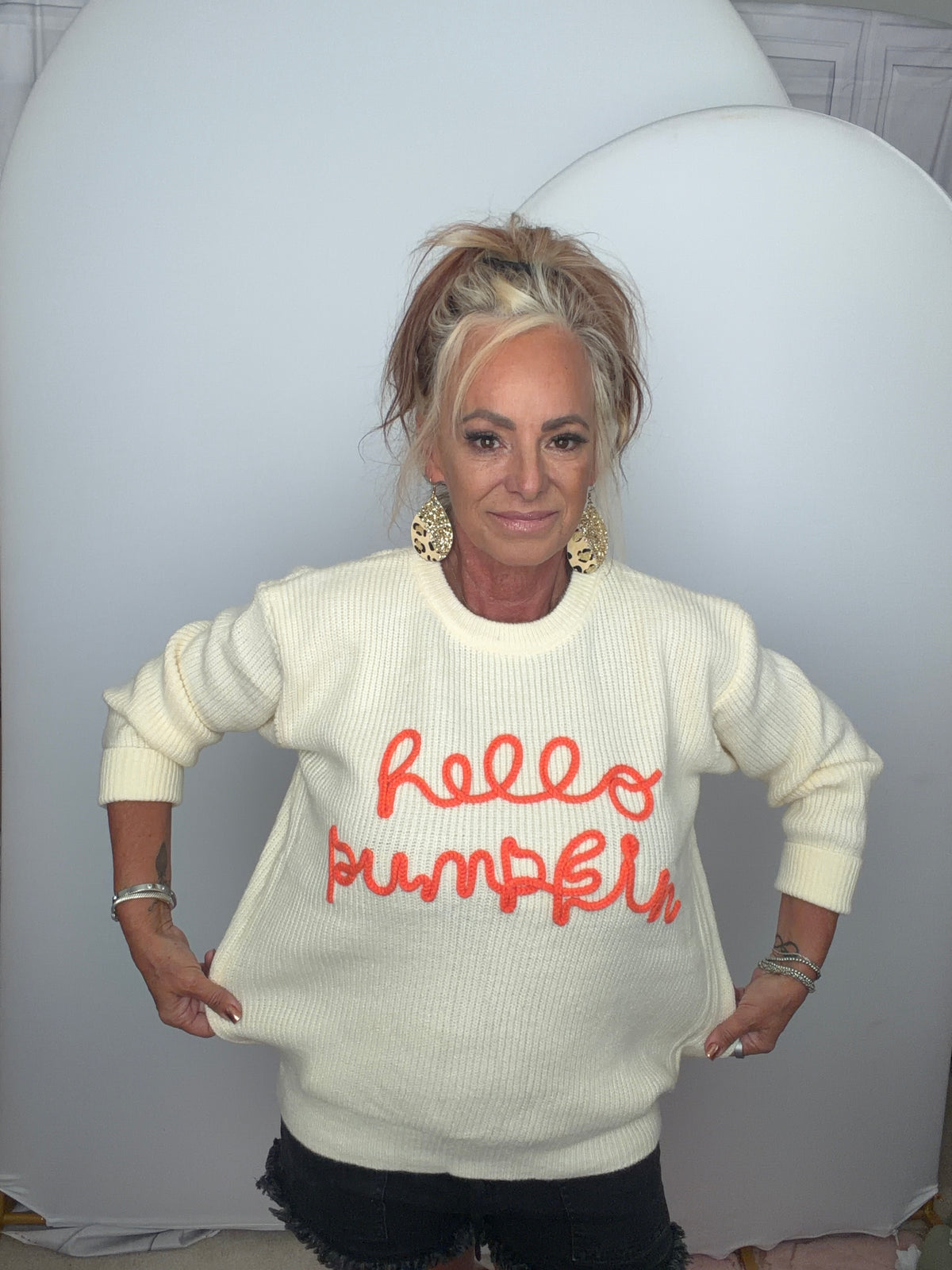 Hello pumpkin on ribbed sweater with raised detail lettering!