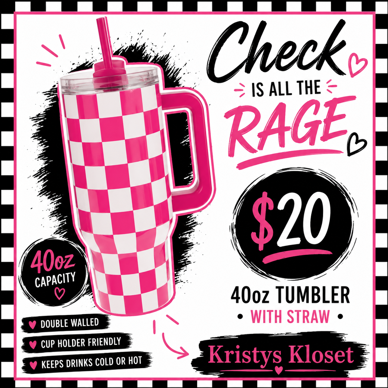 Checkered pink tumbler 40 oz