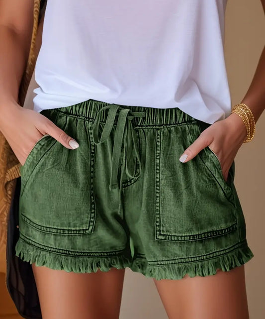 OLIVE GREEN casual high waisted fringed shorts