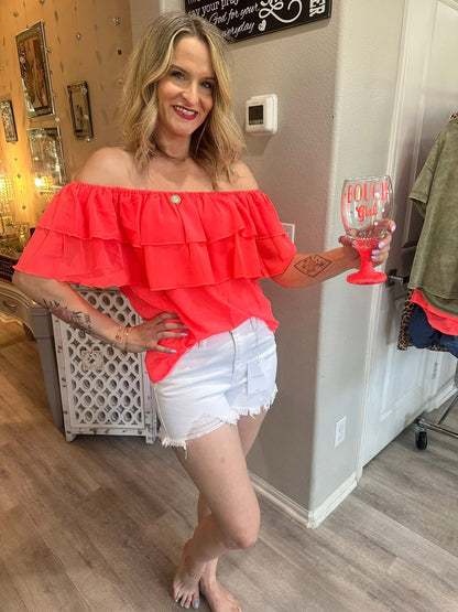 Off Shoulder Ruffle Hem Chiffon Top