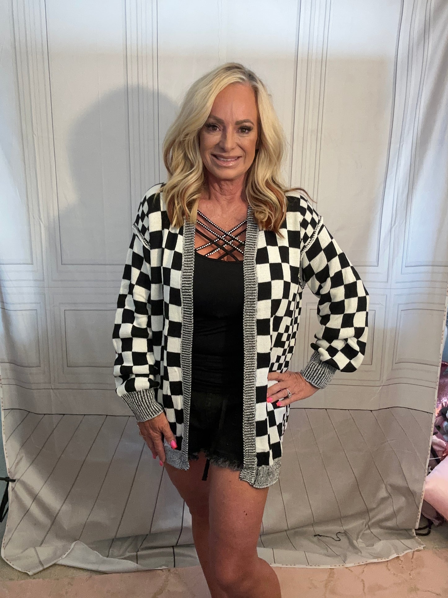 BLACK CHECKERED OPEN FRONT DROP SHOULDER CARDIGAN