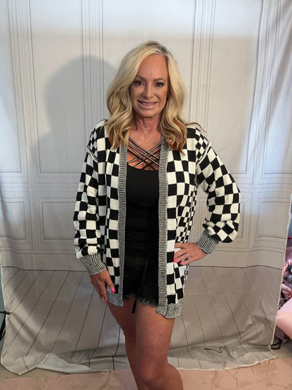 BLACK CHECKERED OPEN FRONT DROP SHOULDER CARDIGAN