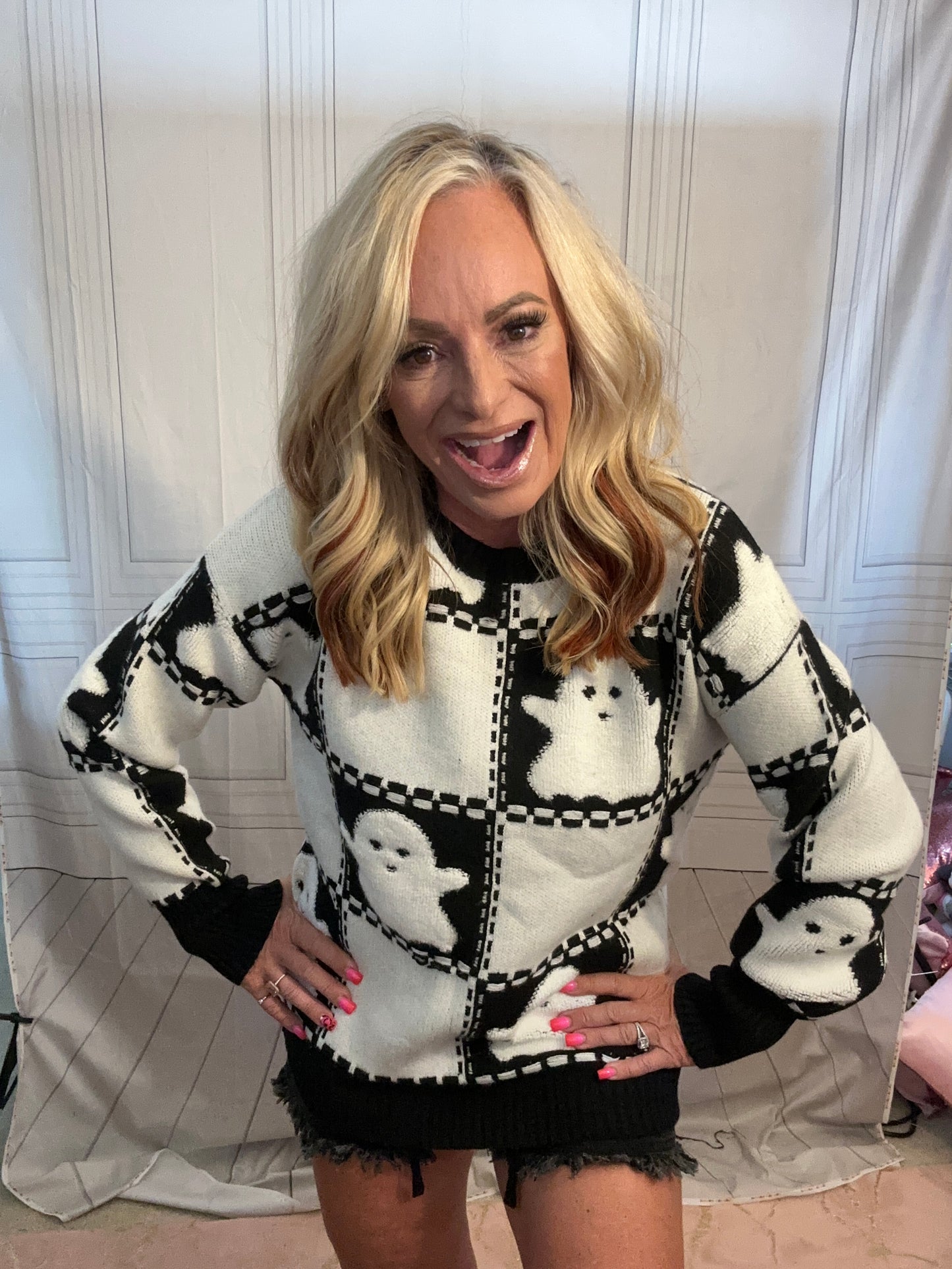 Halloween Ghost Checkered Drop Shoulder Sweater