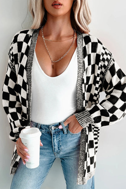 BLACK CHECKERED OPEN FRONT DROP SHOULDER CARDIGAN