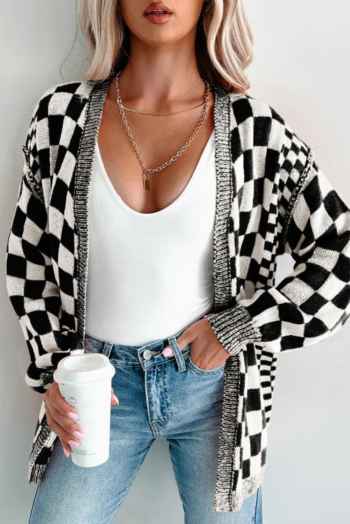 BLACK CHECKERED OPEN FRONT DROP SHOULDER CARDIGAN