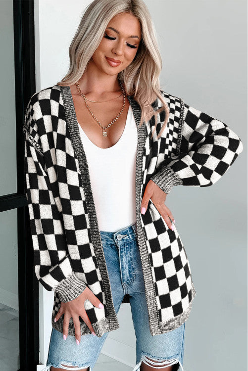 BLACK CHECKERED OPEN FRONT DROP SHOULDER CARDIGAN