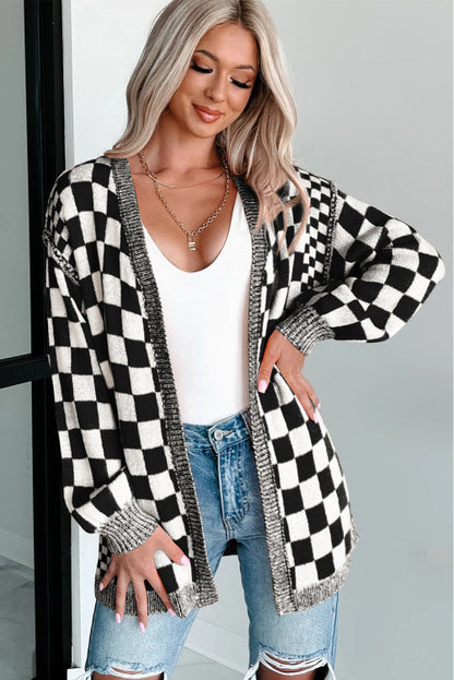 BLACK CHECKERED OPEN FRONT DROP SHOULDER CARDIGAN