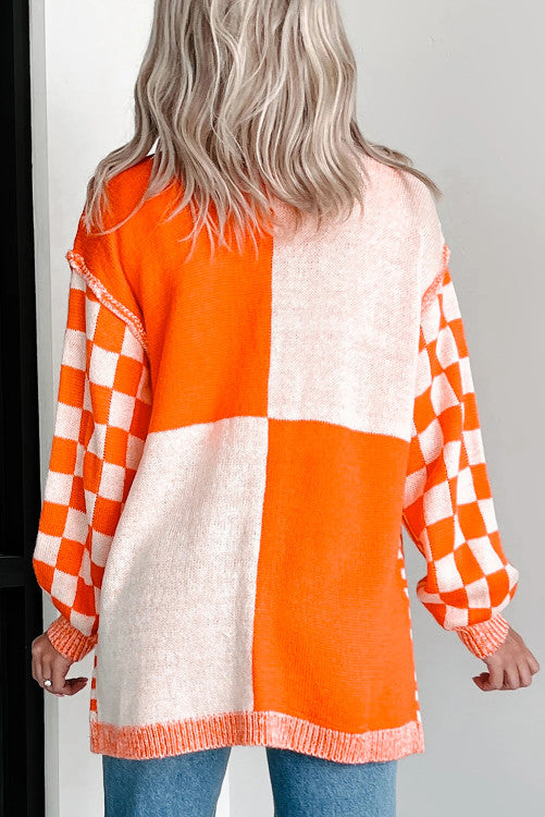 Orange checkered open front drop shoulder cardigan