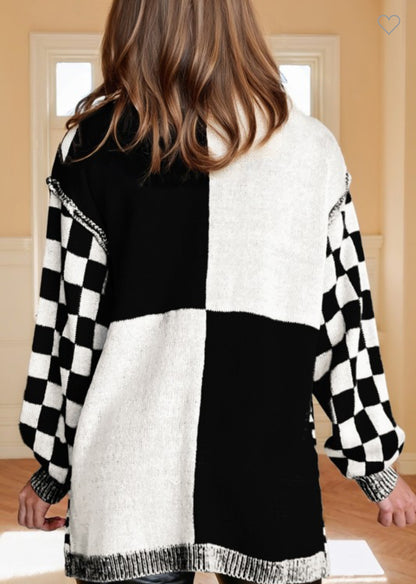 BLACK CHECKERED OPEN FRONT DROP SHOULDER CARDIGAN