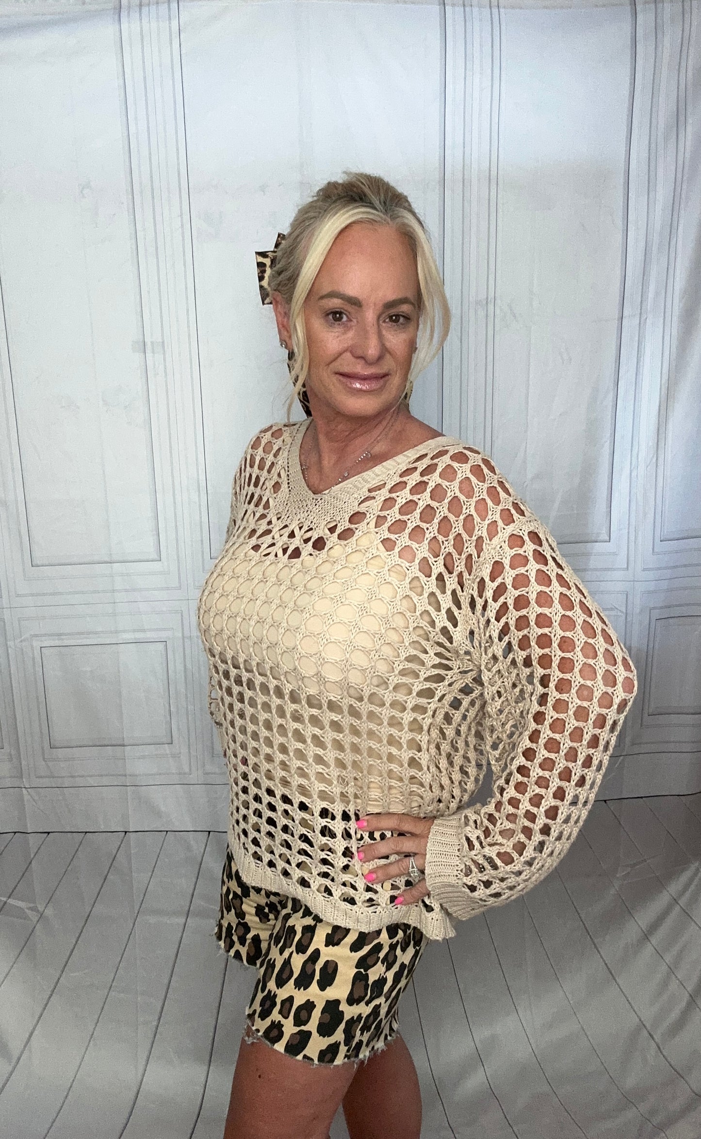 CREAM CROUCHET BELL SLEEVE TOP OR COVERUP