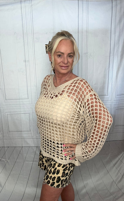 CREAM CROUCHET BELL SLEEVE TOP OR COVERUP