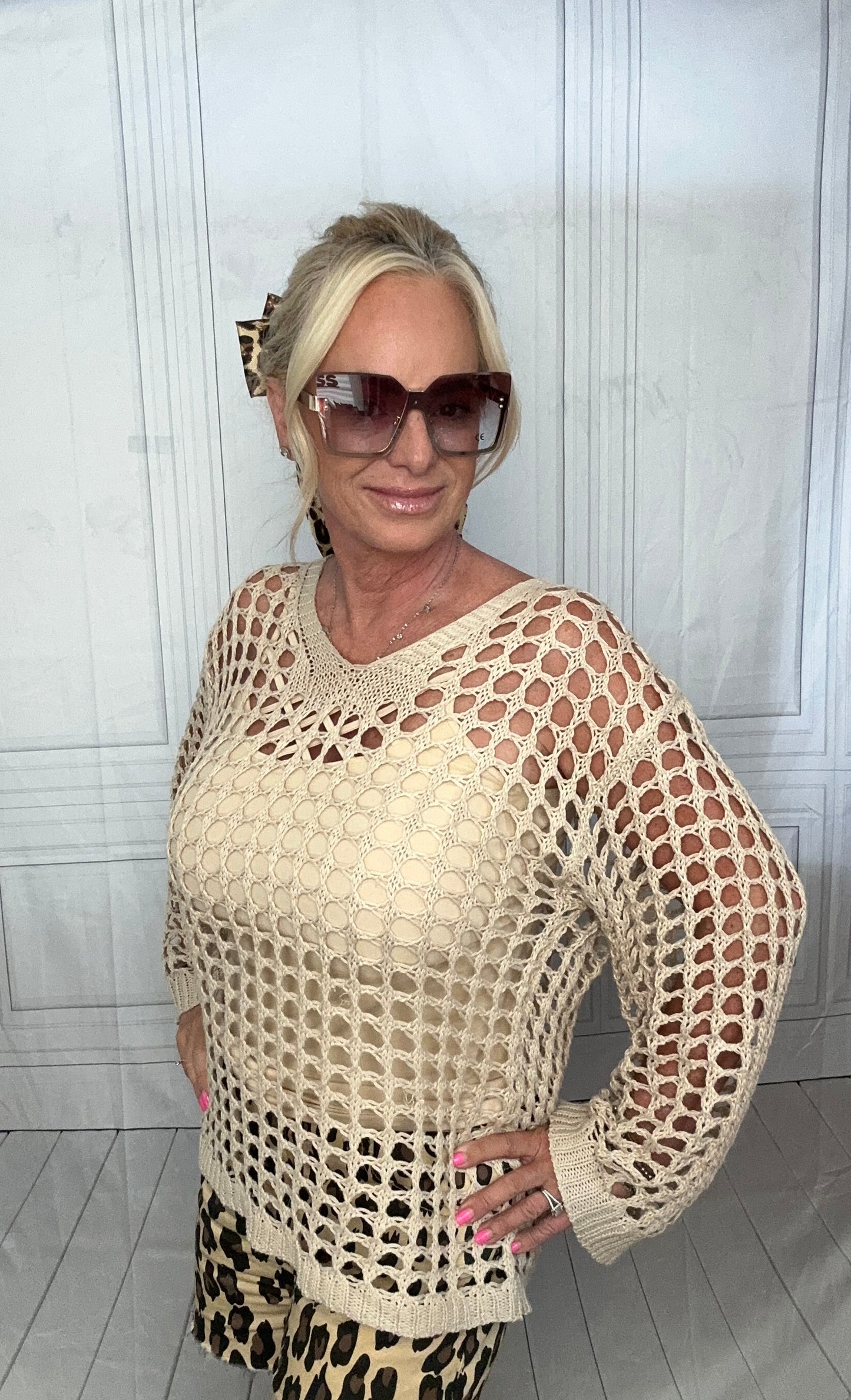 CREAM CROUCHET BELL SLEEVE TOP OR COVERUP
