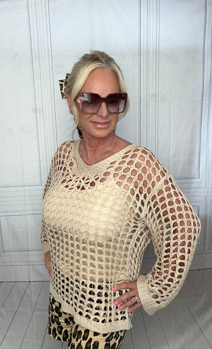 CREAM CROUCHET BELL SLEEVE TOP OR COVERUP