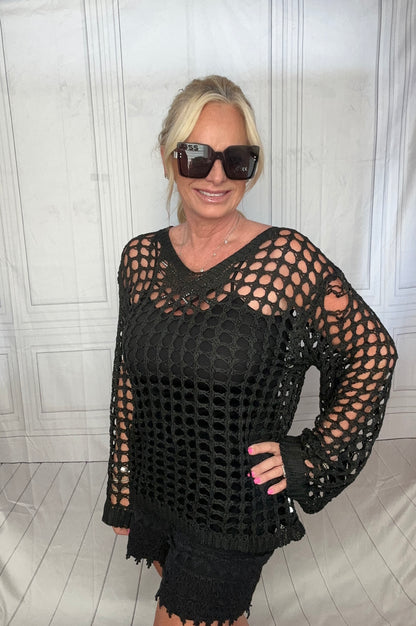 BLACK CROUCHET BELL SLEEVE TOP/ COVERUP