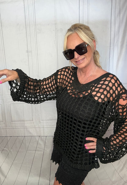 BLACK CROUCHET BELL SLEEVE TOP/ COVERUP