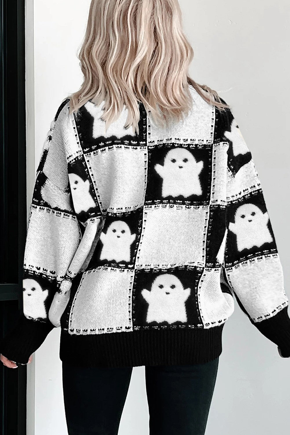Halloween Ghost Checkered Drop Shoulder Sweater