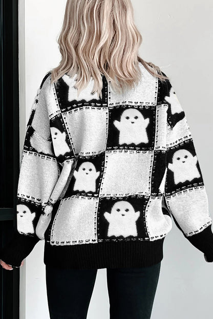 Halloween Ghost Checkered Drop Shoulder Sweater