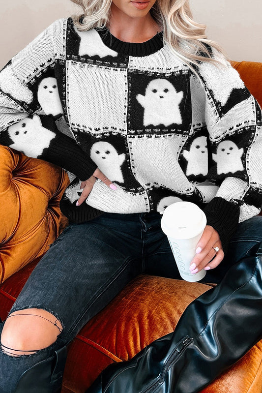 Halloween Ghost Checkered Drop Shoulder Sweater