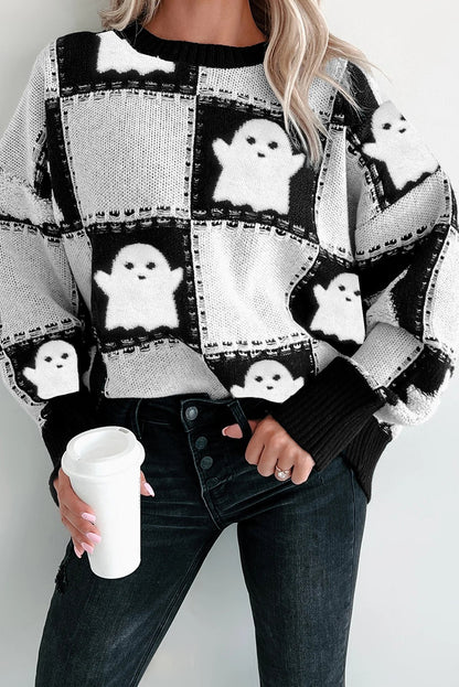 Halloween Ghost Checkered Drop Shoulder Sweater