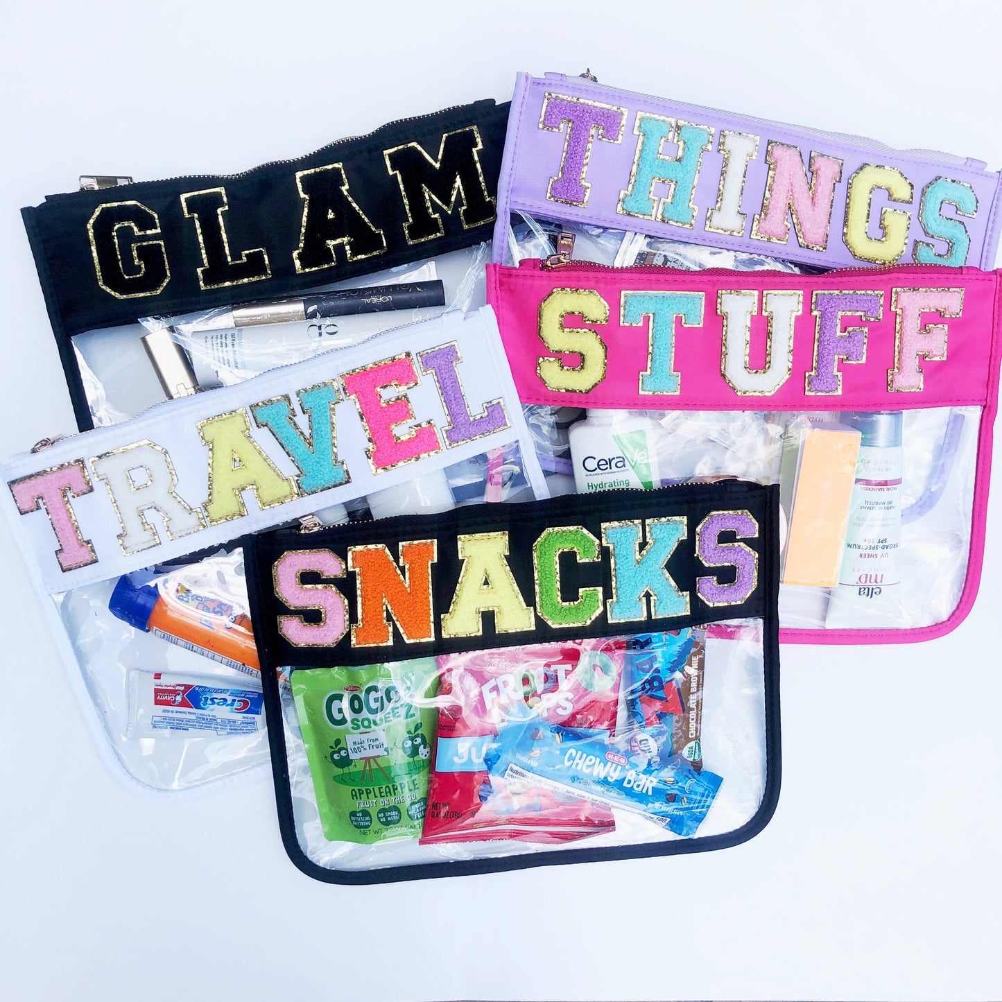 SNACK Varsity Letter Patch Clear Zippered Pouch Bag