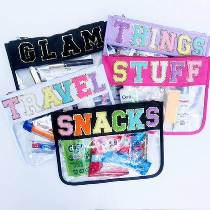 SNACK Varsity Letter Patch Clear Zippered Pouch Bag