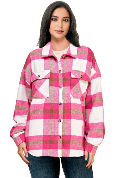 Pink white plaid flannel shacket  w/fur lined warm jacket