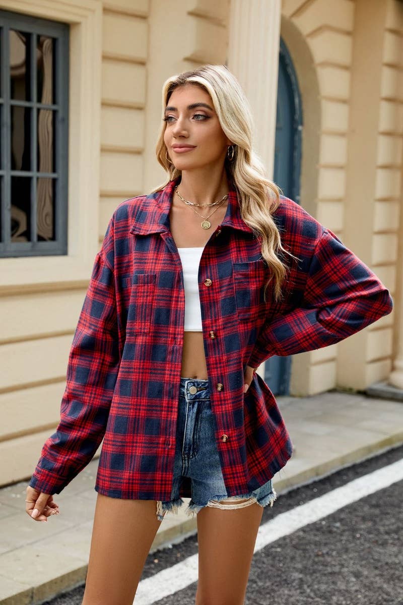 LONG SLEEVE POCKET PLAID SHIRT TOP