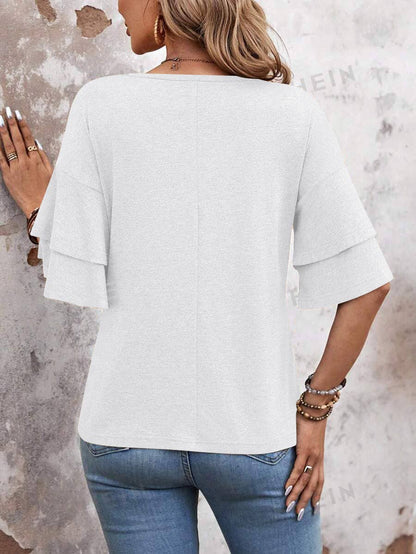 Camel Ruffle Sleeve V Neck Loose Fit Women Summer Top