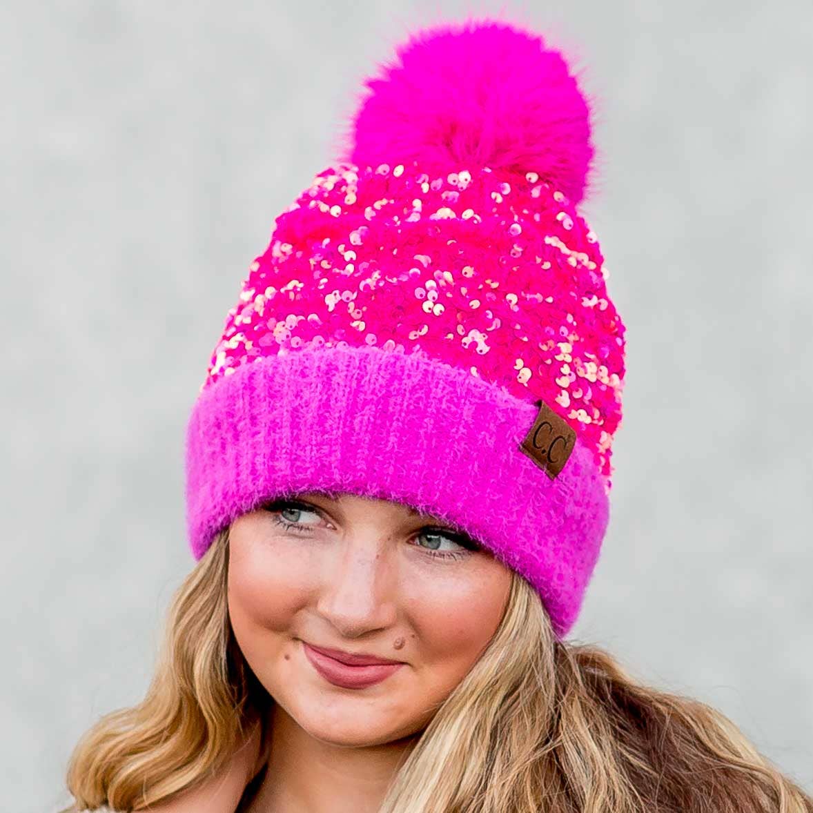 CC Sequin Fur Pom Beanie BARBIE PINK