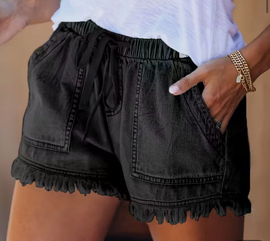 BLACK casual high waisted pocketed fringe shorts
