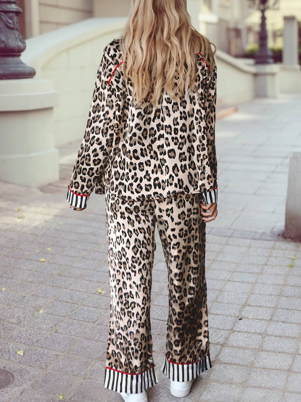 Leopard Colorblock Striped Edge Shirt and Pants Pajama Set