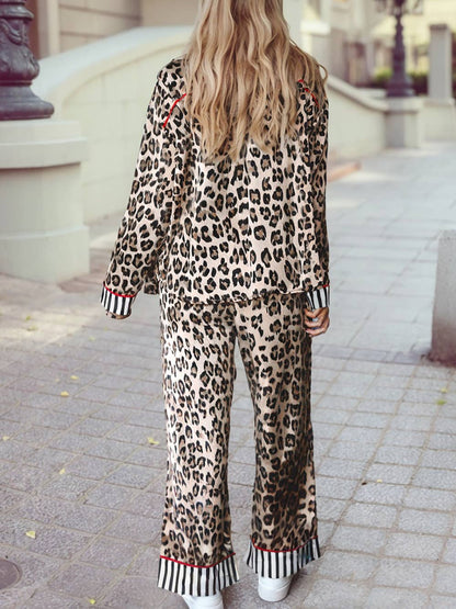 Leopard Colorblock Striped Edge Shirt and Pants Pajama Set
