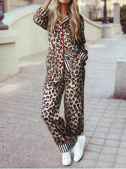 Leopard Colorblock Striped Edge Shirt and Pants Pajama Set