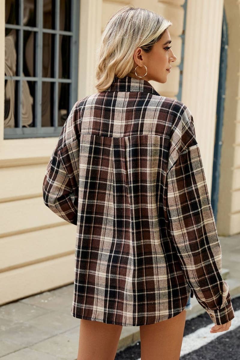 LONG SLEEVE POCKET PLAID SHIRT TOP