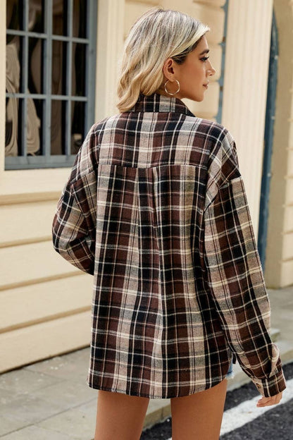 LONG SLEEVE POCKET PLAID SHIRT TOP