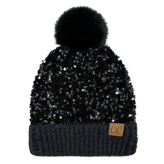 BLACK SEQUIN LINED POM BEANIE