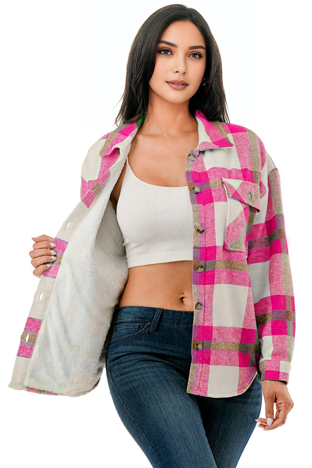 Pink white plaid flannel shacket  w/fur lined warm jacket