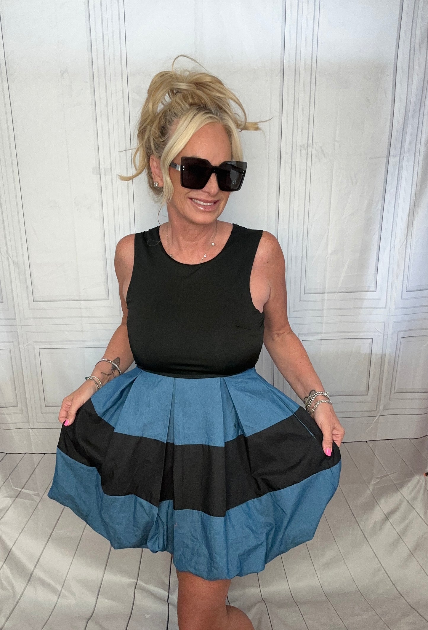 BUBBLE SKIRT DENIM MINI DRESS