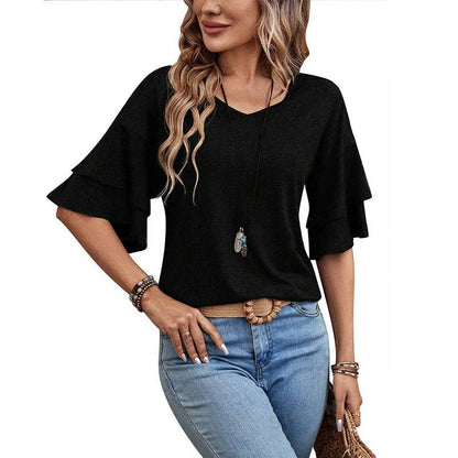Camel Ruffle Sleeve V Neck Loose Fit Women Summer Top