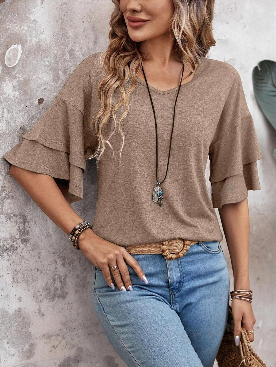 Camel Ruffle Sleeve V Neck Loose Fit Women Summer Top