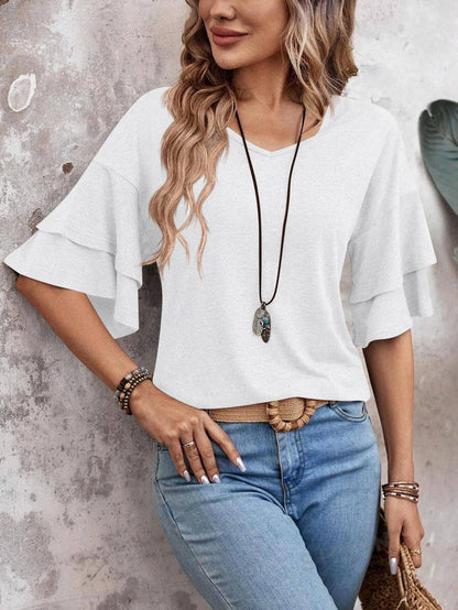 Camel Ruffle Sleeve V Neck Loose Fit Women Summer Top