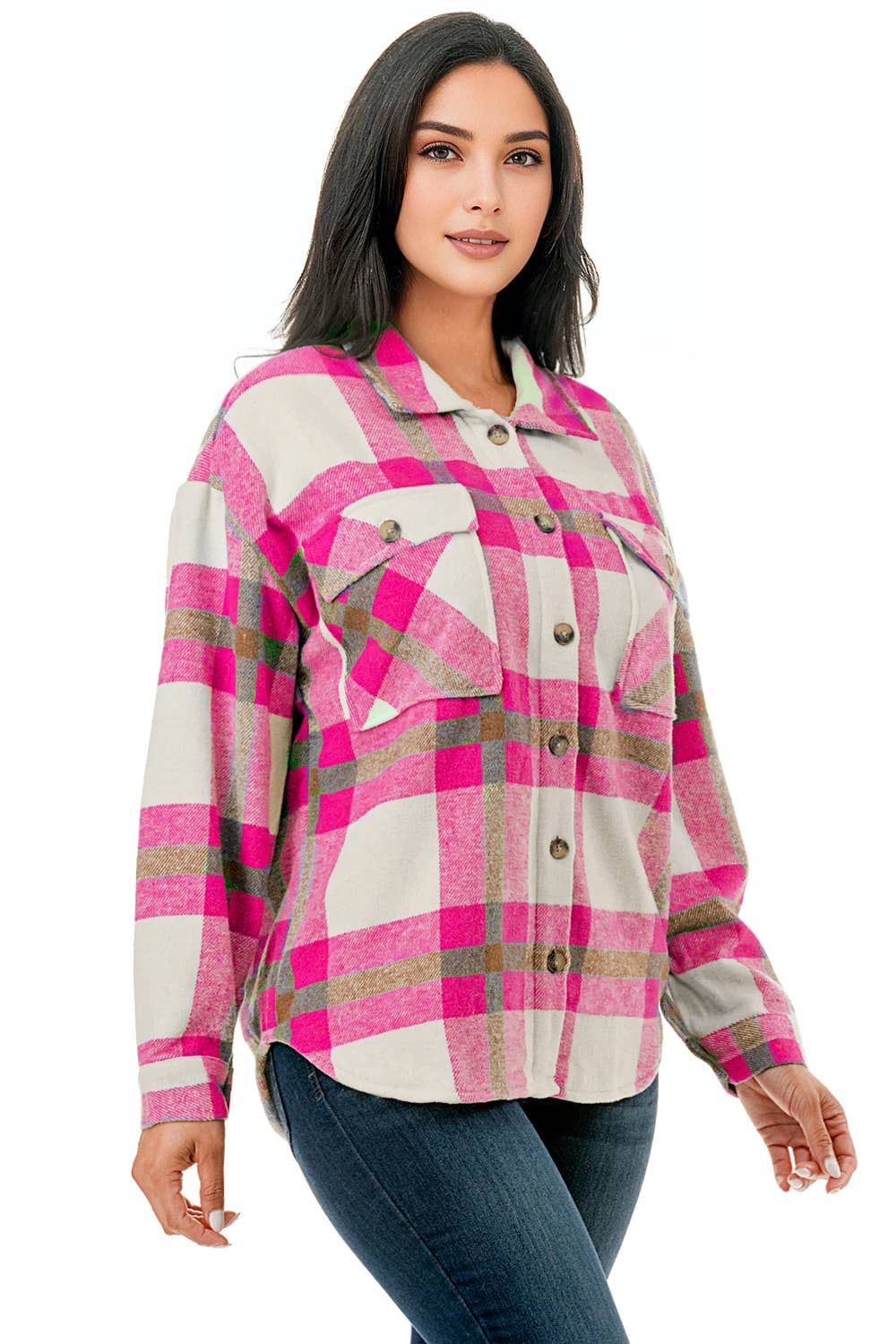 Pink white plaid flannel shacket  w/fur lined warm jacket