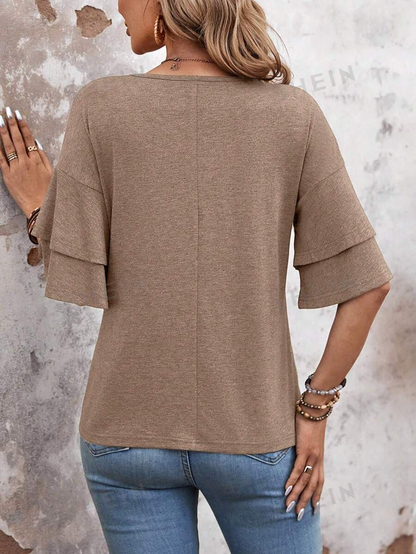 Camel Ruffle Sleeve V Neck Loose Fit Women Summer Top