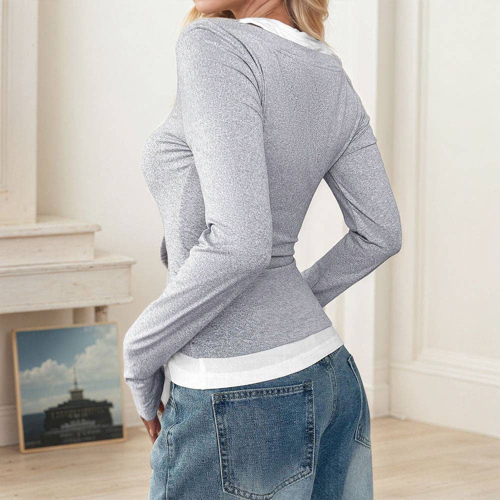 Long Sleeve Layered Top with Button Detail for Women