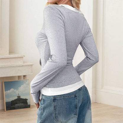 Long Sleeve Layered Top with Button Detail for Women